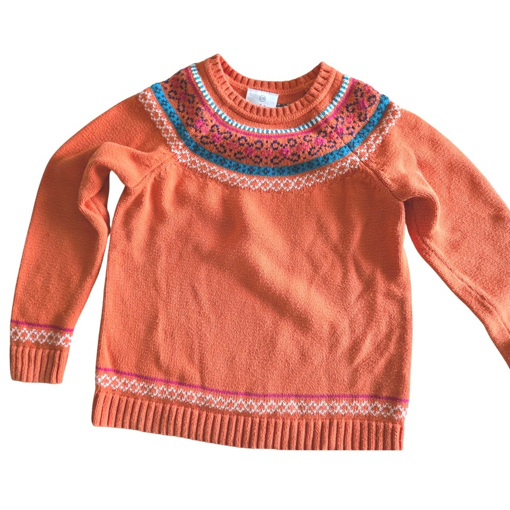 Hanna Andersson 8 Kids 130 Fair Isle Cotton Knit Sweater Orange Girls